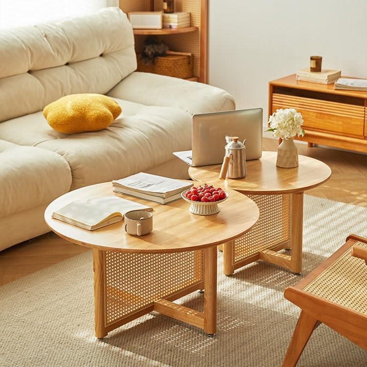 丸型コーヒーテーブル ローテーブル ダイニングテーブル 多機能 棚付 リビングルーム センター テーブル 木製 低いテーブル 座卓,天然木フレーム 高40CM 省スペース 頑丈で組立簡単 リビングルーム/寝室最適 (Color : Natural, Size : 60*40cm) - 画像 (3)