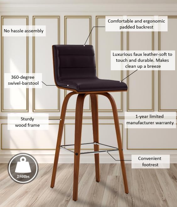 アルメンリビング(Armen Living) Barチェア バースツール ブラウン/ウォールナット フェイクレザー 座面高さ76.2cm Vienna モダン スタイリッシュ レザー調 おしゃれ ミニマル 都会的 洗練 スリム マットブラック 職人技 ソリッド 存在感 モノトーン【日本正規輸入品】 - 画像 (13)