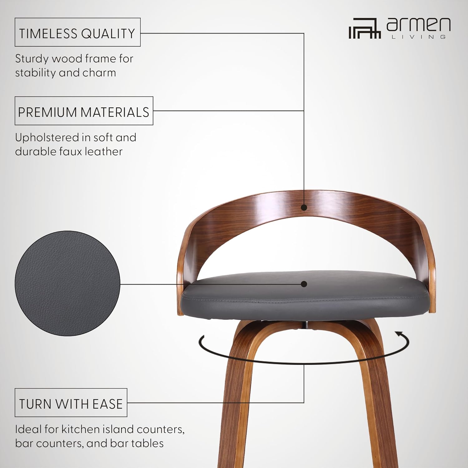 アルメンリビング(Armen Living) Barチェア バースツール ブラウン/ウォールナット フェイクレザー 座面高さ76.2cm Vienna モダン スタイリッシュ レザー調 おしゃれ ミニマル 都会的 洗練 スリム マットブラック 職人技 ソリッド 存在感 モノトーン【日本正規輸入品】 - 画像 (4)