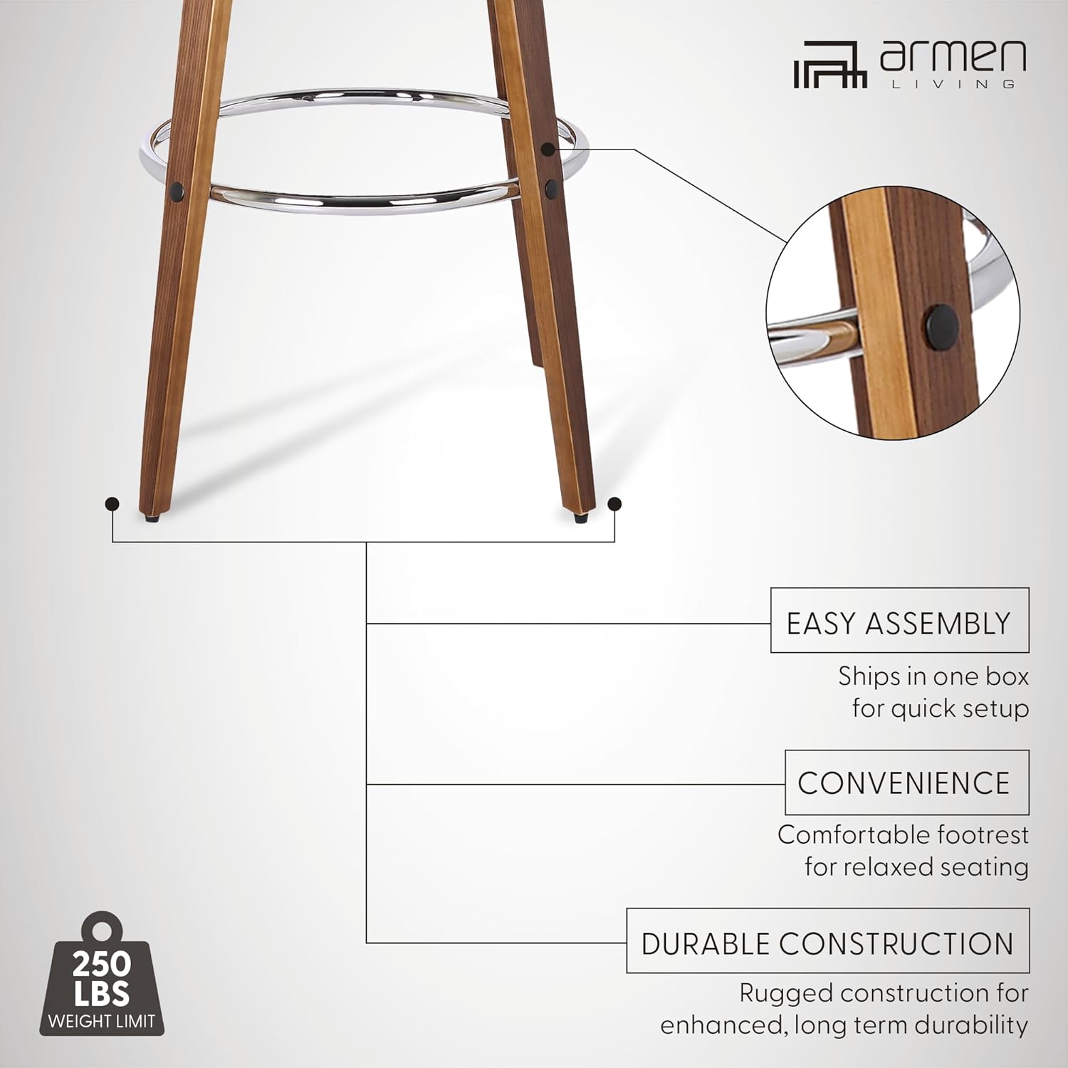 アルメンリビング(Armen Living) Barチェア バースツール ブラウン/ウォールナット フェイクレザー 座面高さ76.2cm Vienna モダン スタイリッシュ レザー調 おしゃれ ミニマル 都会的 洗練 スリム マットブラック 職人技 ソリッド 存在感 モノトーン【日本正規輸入品】 - 画像 (5)