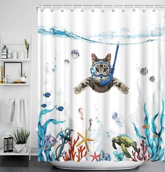 Honesty Mouth シャワーカーテン 防水 防カビ 180丈 猫 可愛い おしゃれ ユニットバス お風呂 バス 浴室 グッズ 小窓 子供部屋 目隠し 間仕切り リング付 (海水浴, 02:丈180cm×幅120cm)