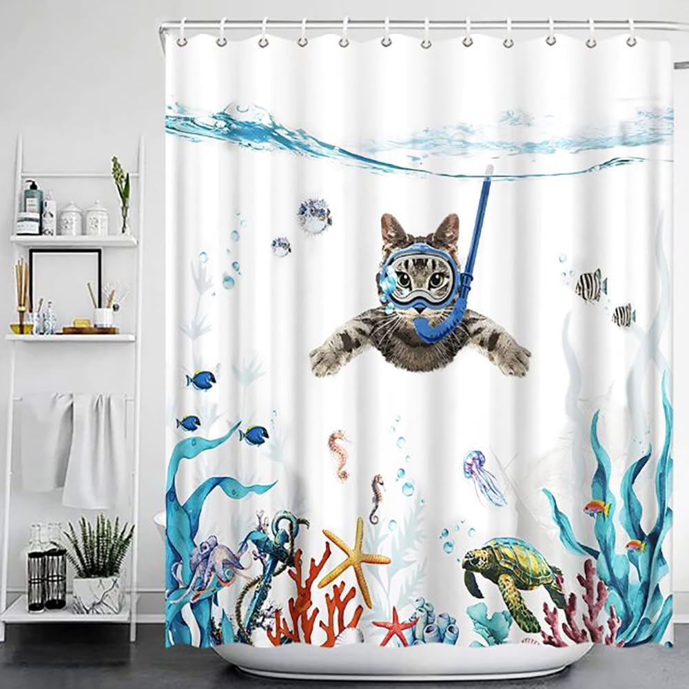 Honesty Mouth シャワーカーテン 防水 防カビ 180丈 猫 可愛い おしゃれ ユニットバス お風呂 バス 浴室 グッズ 小窓 子供部屋 目隠し 間仕切り リング付 (海水浴, 02:丈180cm×幅120cm)